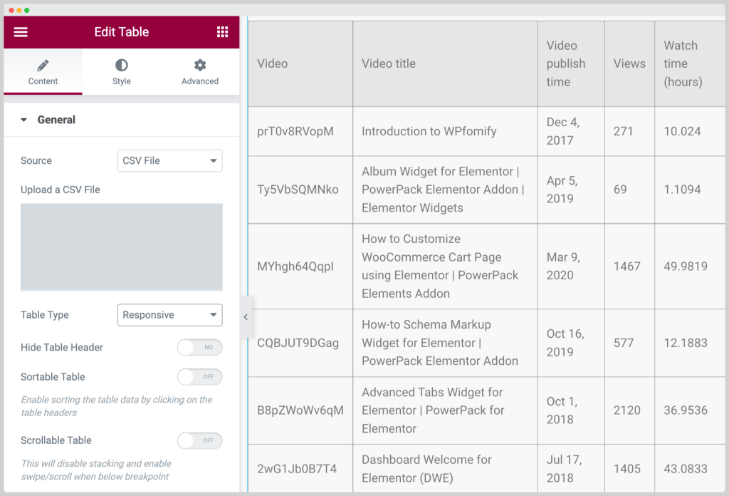 elementor table through csv