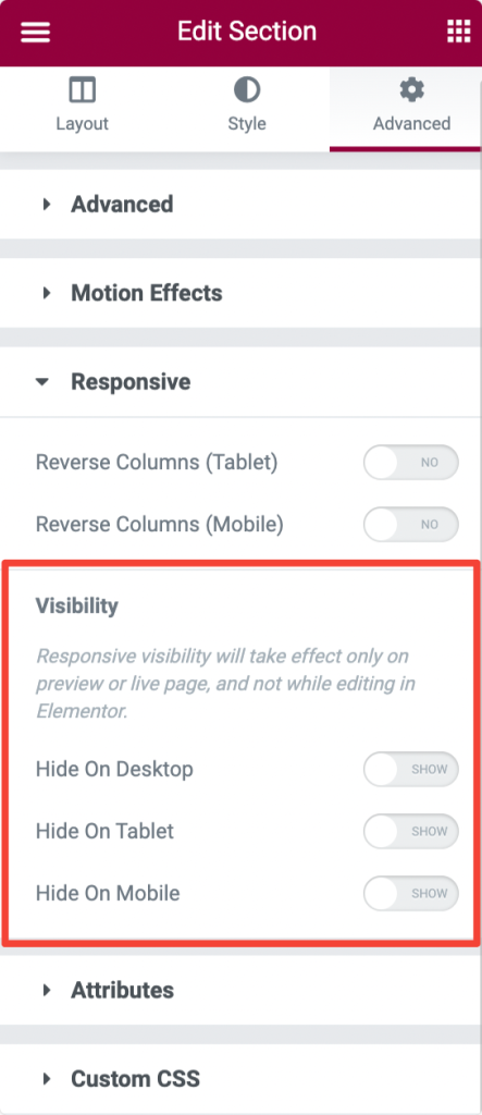 visibility settings of elementor