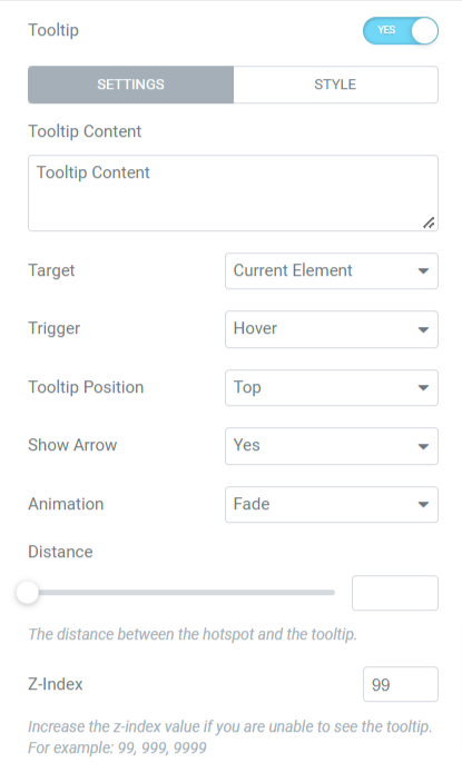 Setting options for PowerPack's Tooltip extension in the Elementor page builder