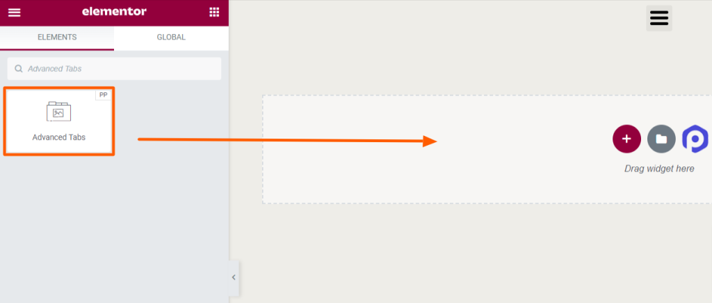 Drag & drop the “advanced tabs” widget by PowerPack on the Elementor editor page
