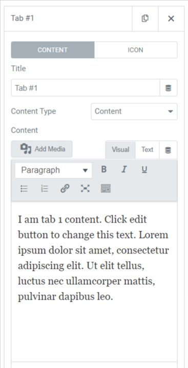 “Content” as the content type in the Tabs section of the Tabbed Content widget by PowerPack Addons