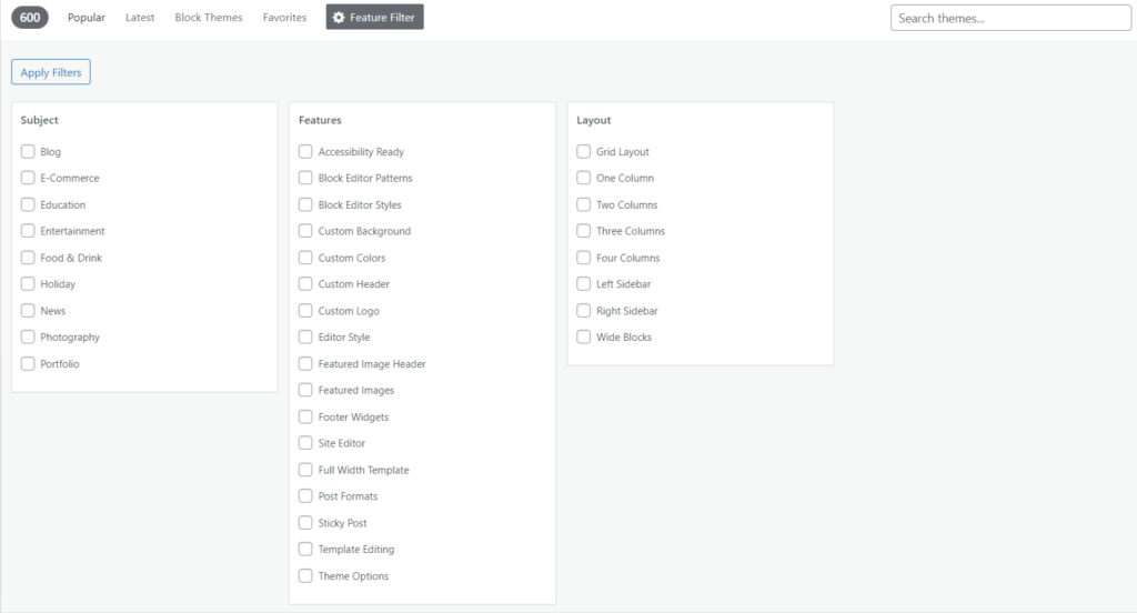 Apply themes to your WordPress website using its Feature Filter category 
