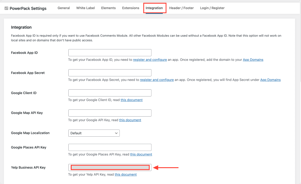 paste yelp api to powerpack elementor settings