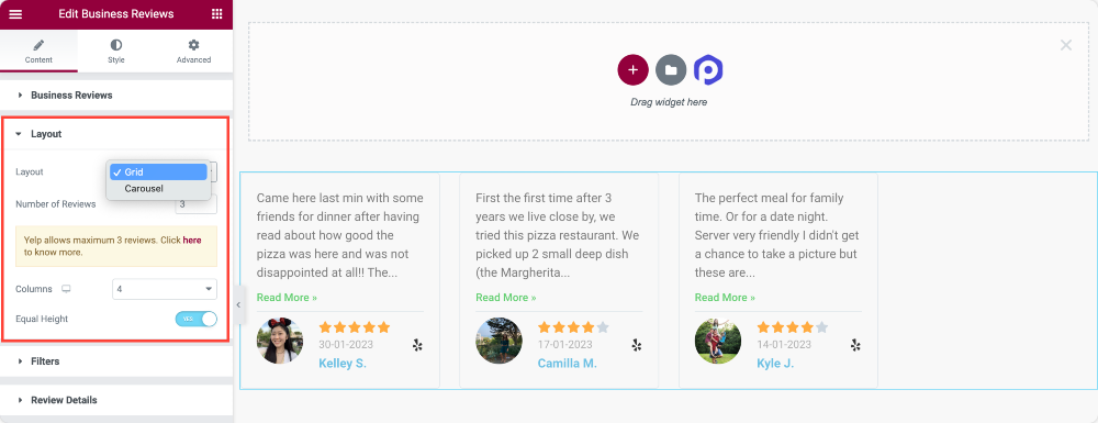 layout of business reviews widget