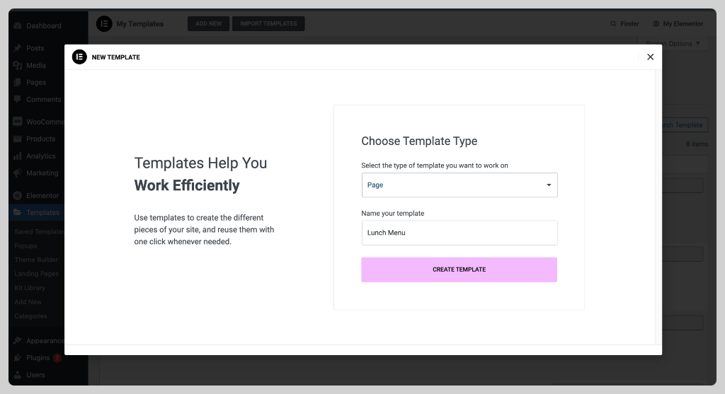 food menu using elementor