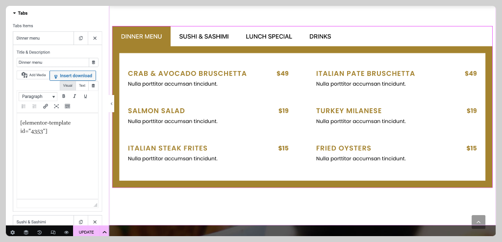 filterable food menu with elementor