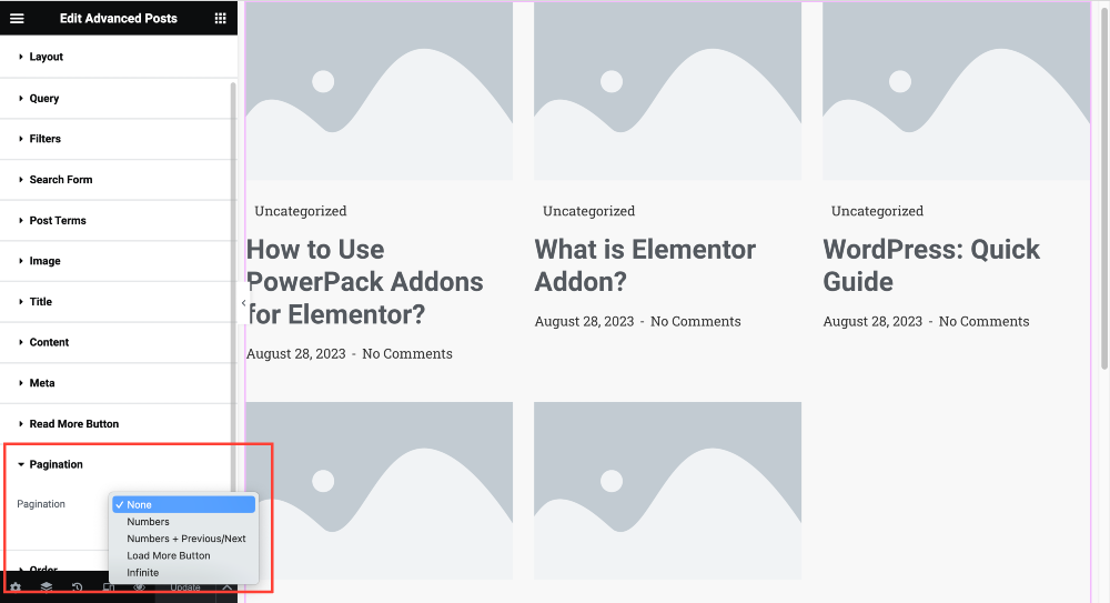 pagination options for elementor