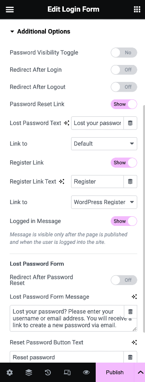 additional options of the login form widget