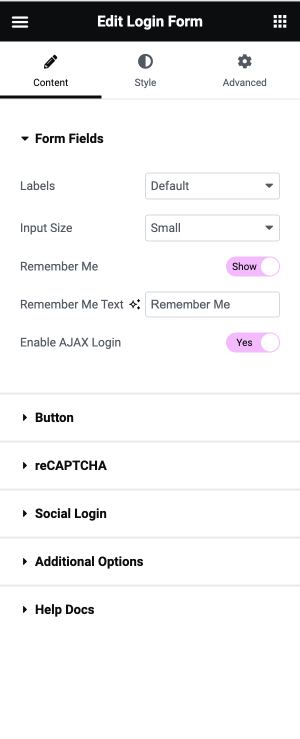content tab of the login form widget