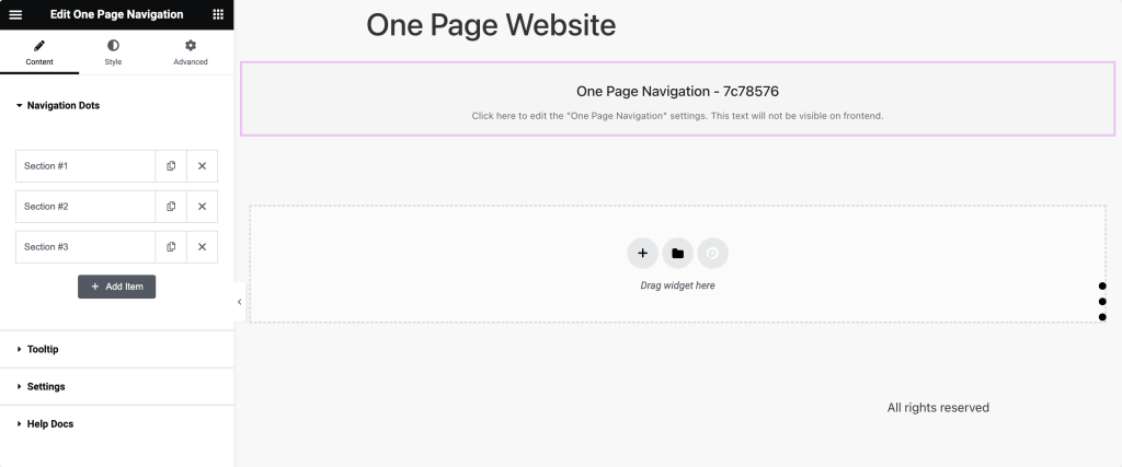 One Page Navigation widget on the live page