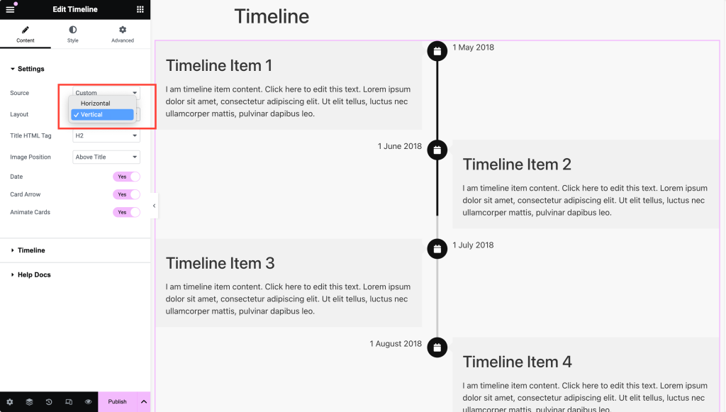 elementor timeline layout