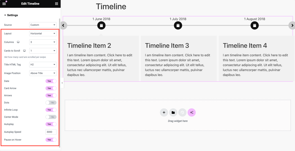 horizontal elementor timeline