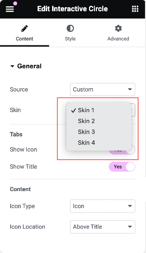 skin options in interactive circle