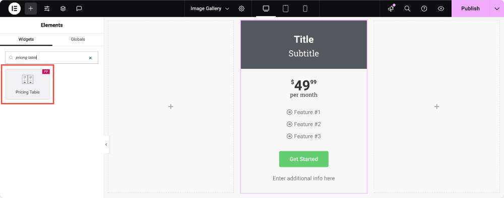 add the pricing table widget