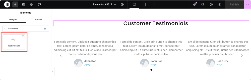 add the testimonials widget