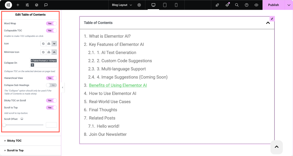 table of contents additional options