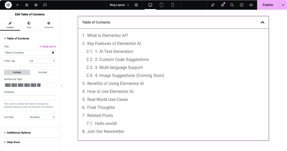 table of contents on page