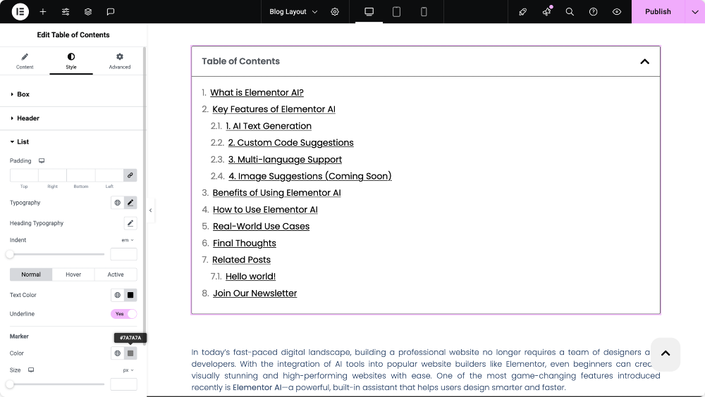 table of contents styling options
