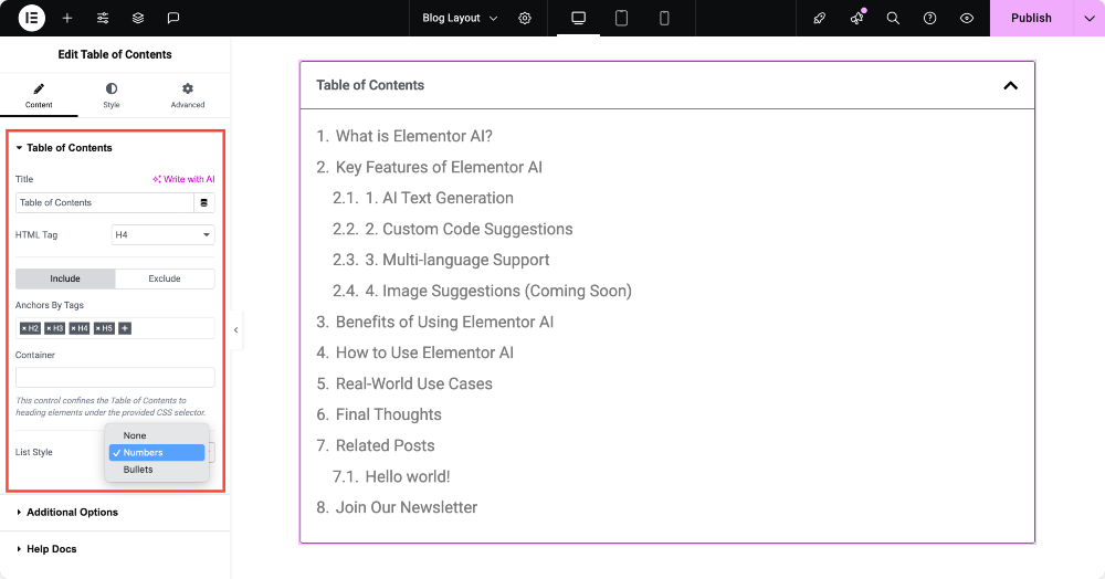 table of contents widget content customization options