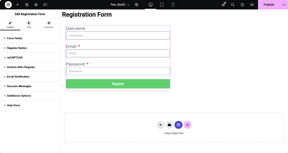 registration form widget options