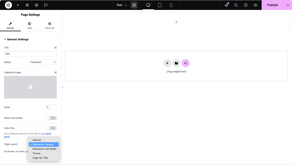 page settings elementor
