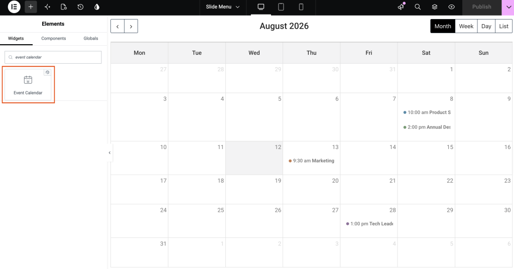 drag and drop the event calendar widget