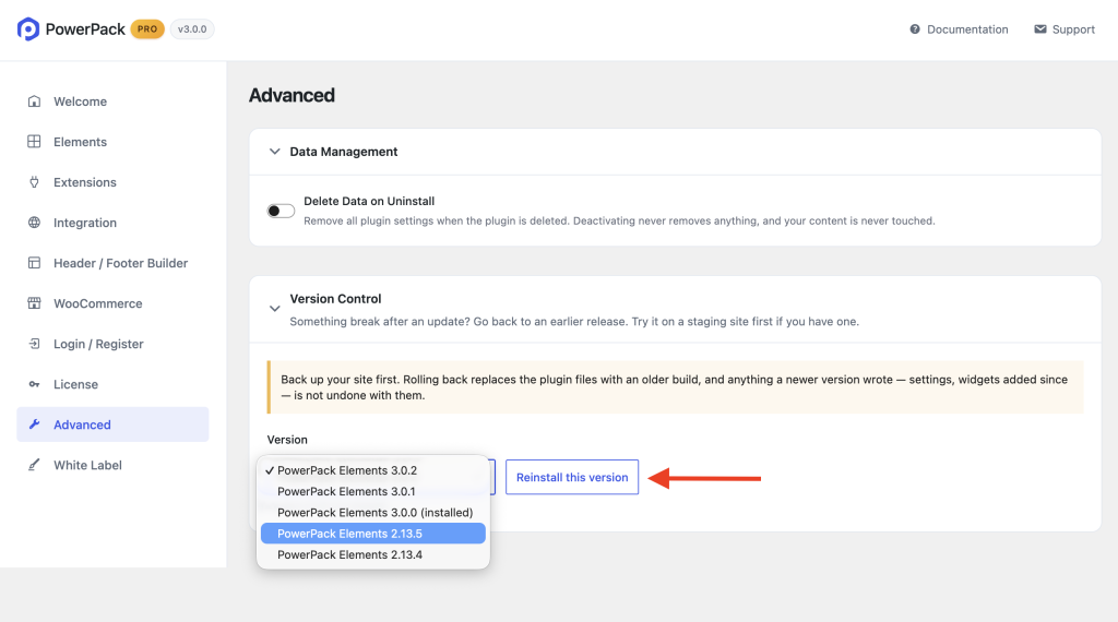 reinstall the powerpack previous version