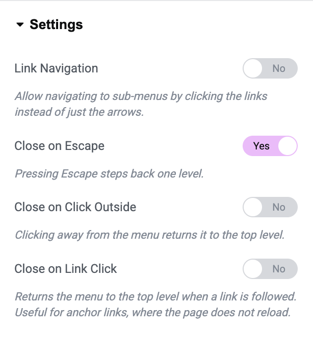slide menu settings