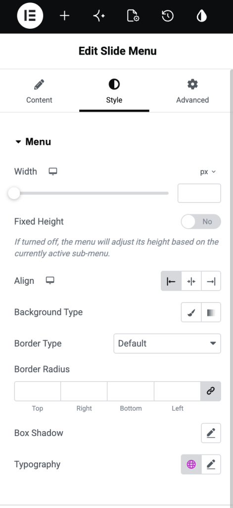 slide menu styling options